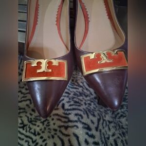 Tory Burch Brown Leather Heels with Gold Accent